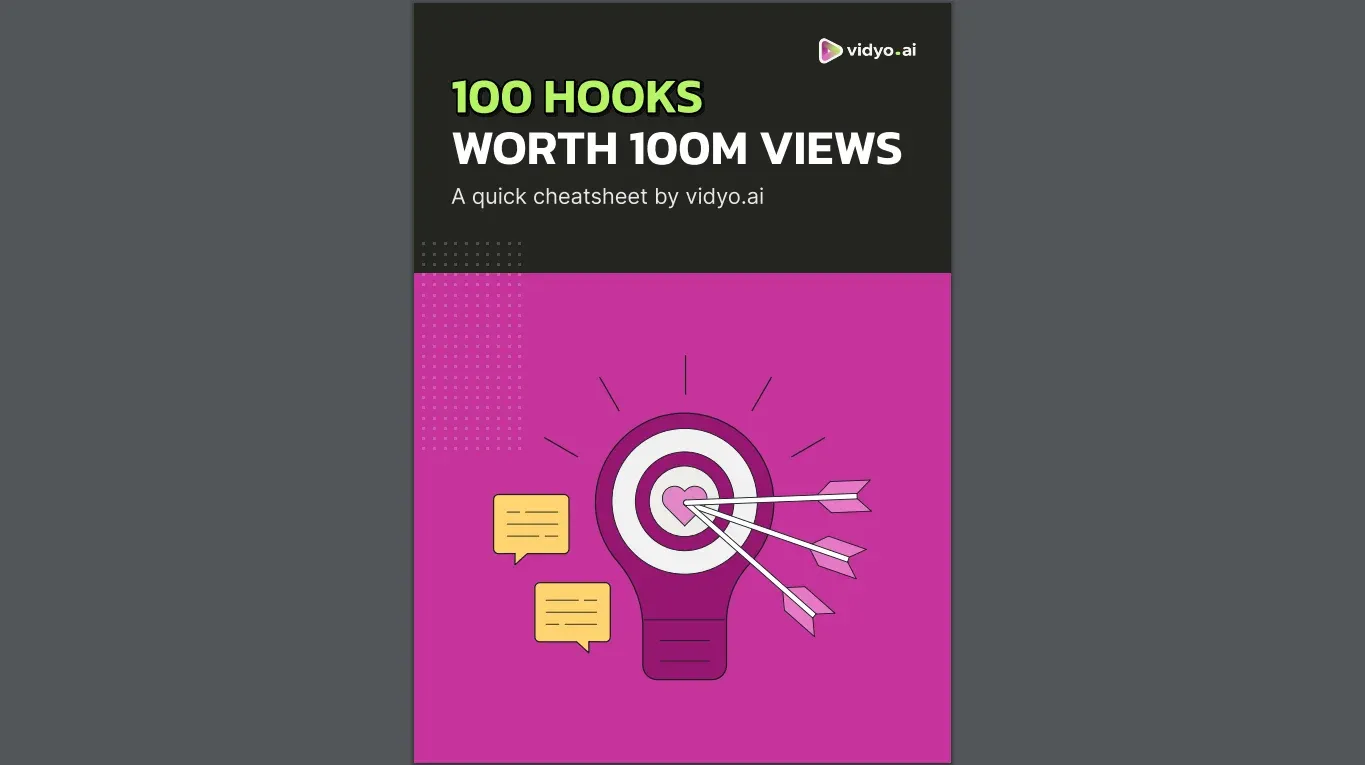 Cover image of the ebook '100 Hooks Worth 100M Views,' a quick cheat sheet by vidyo.ai, featuring strategies for creating engaging content