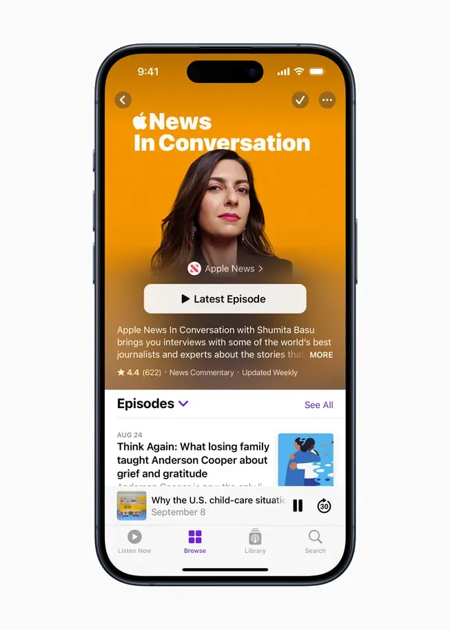 Apple Podcasts interface showcasing a selection of popular podcasts, including episode details, artwork, and subscription options