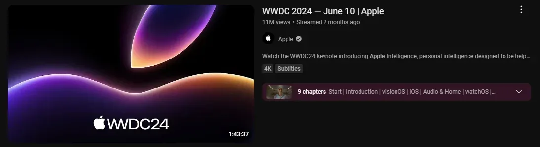 Apple's WWDC 2024 event streamed live on YouTube, showcasing key announcements and product reveals during the presentation