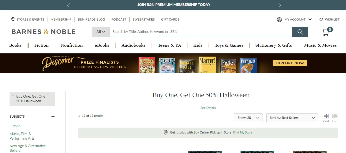 Barnes & Noble's 'Buy One, Get One 50% Off Halloween' promotion, encouraging customers to purchase festive reads during the Halloween season