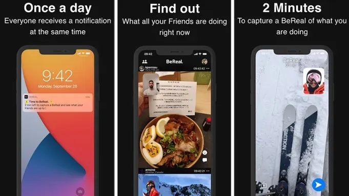 Screenshot demonstrating the BeReal app, showing its features for capturing and sharing authentic moments