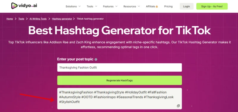 List of top TikTok hashtags generated for a social media post, providing relevant and trending hashtags for a 'Thanksgiving Fashion Outfit' theme