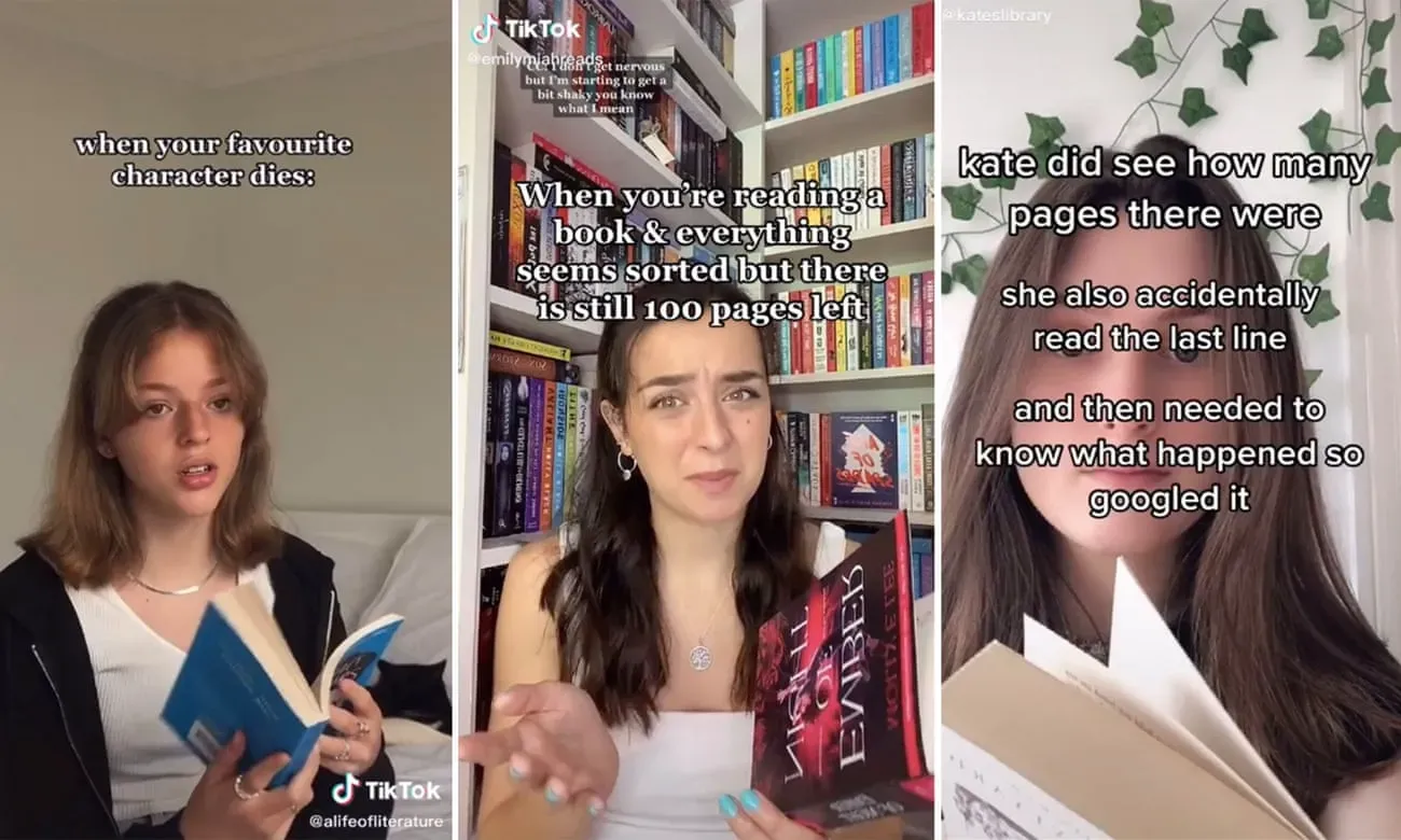 Screenshots showcasing popular BookTok videos on TikTok, highlighting trends in book recommendations and literary discussions