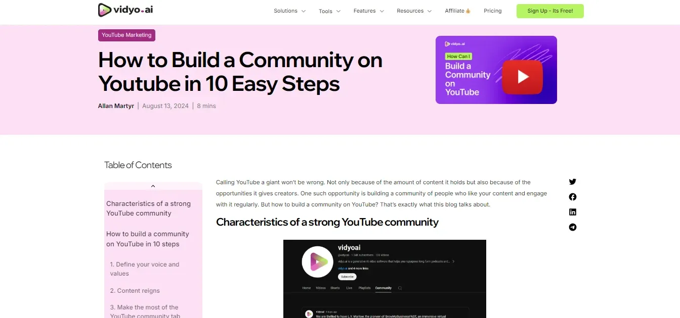 Blog post outlining 10 easy steps to build a community on YouTube, featuring tips and strategies for engaging with viewers and fostering a supportive environment.