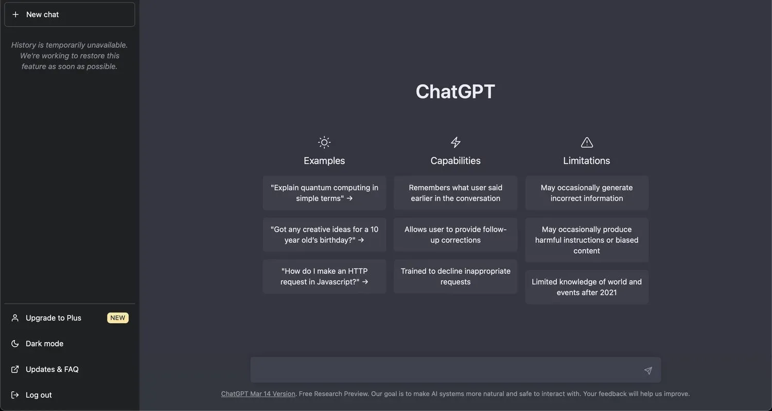 Screenshot of the ChatGPT interface, showcasing its conversational capabilities and user-friendly design.