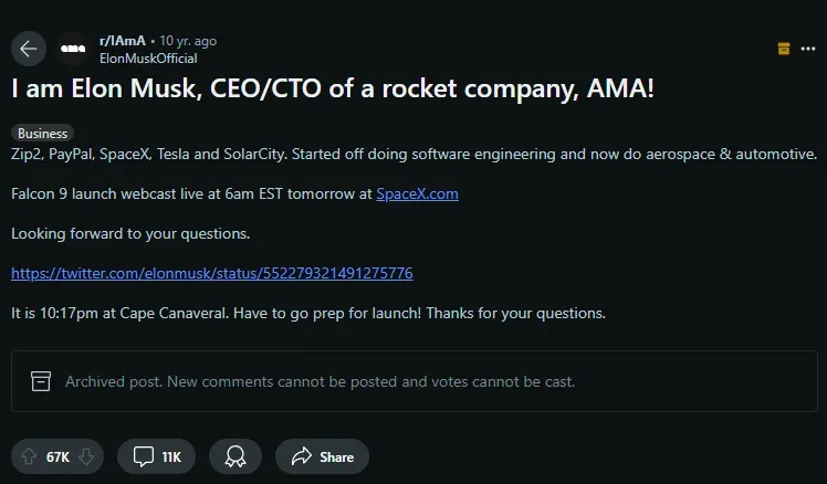 Screenshot of Elon Musk's AMA on Reddit, where he answers questions about technology, space exploration, and his personal experiences