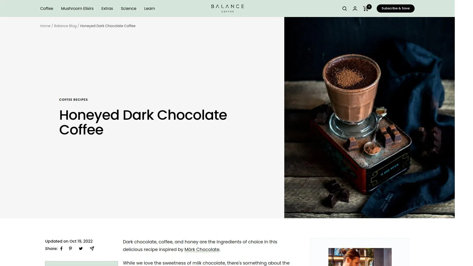 Screenshot of the 'How to Make Honeyed Dark Chocolate Iced Coffee' recipe from balancecoffee.co.uk, serving as an example of evergreen content that remains relevant and useful over time