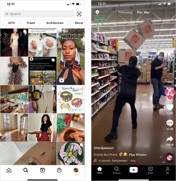 Side-by-side screenshot comparison of the For You Page (FYP) on Instagram and TikTok, showcasing the layout, content types, and user engagement features on both platforms.