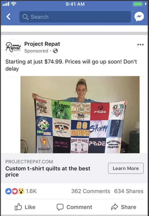 Screenshot of another Facebook ad example, featuring a promotional campaign with an image, catchy headline, and a call-to-action button to engage users.