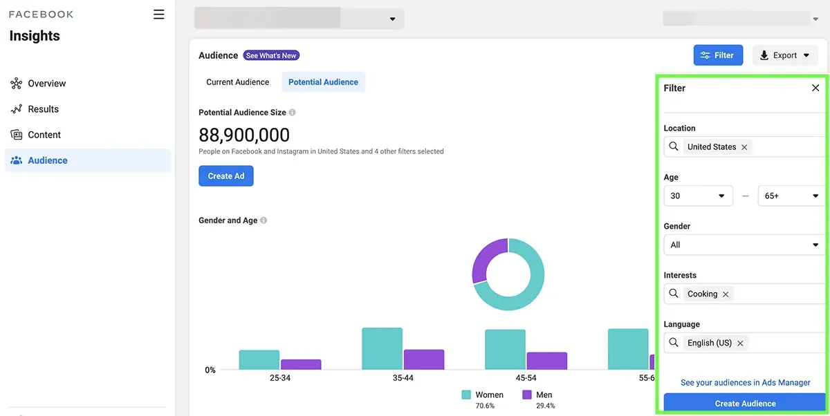 Facebook Audience Insights, displaying demographic data, interests, and behaviors of the audience to help marketers understand their target market better