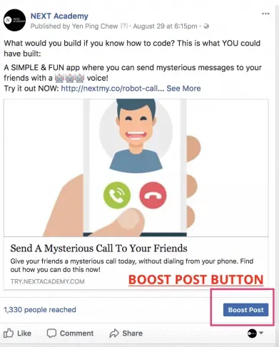 Screenshot showing how the Boost Post button appears under a Facebook post, highlighting the option to promote content to a wider audience