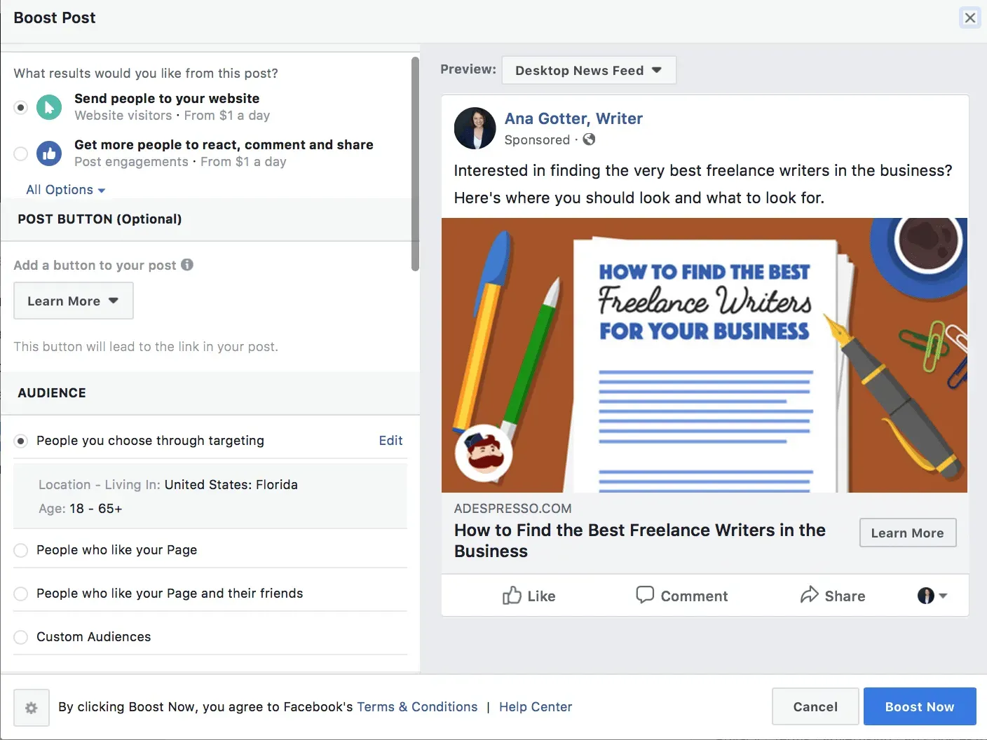 Screenshot demonstrating how Facebook allows users to manage their audience and budget for boosting page posts, showcasing options for targeting and spending.