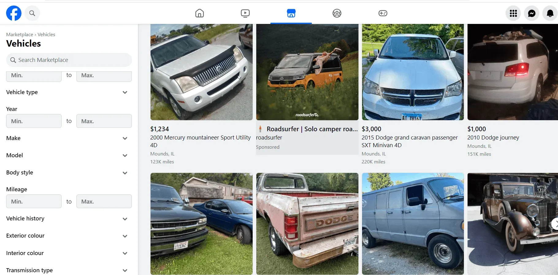 Facebook Marketplace displaying various listings for products, showcasing the user interface and available items for sale