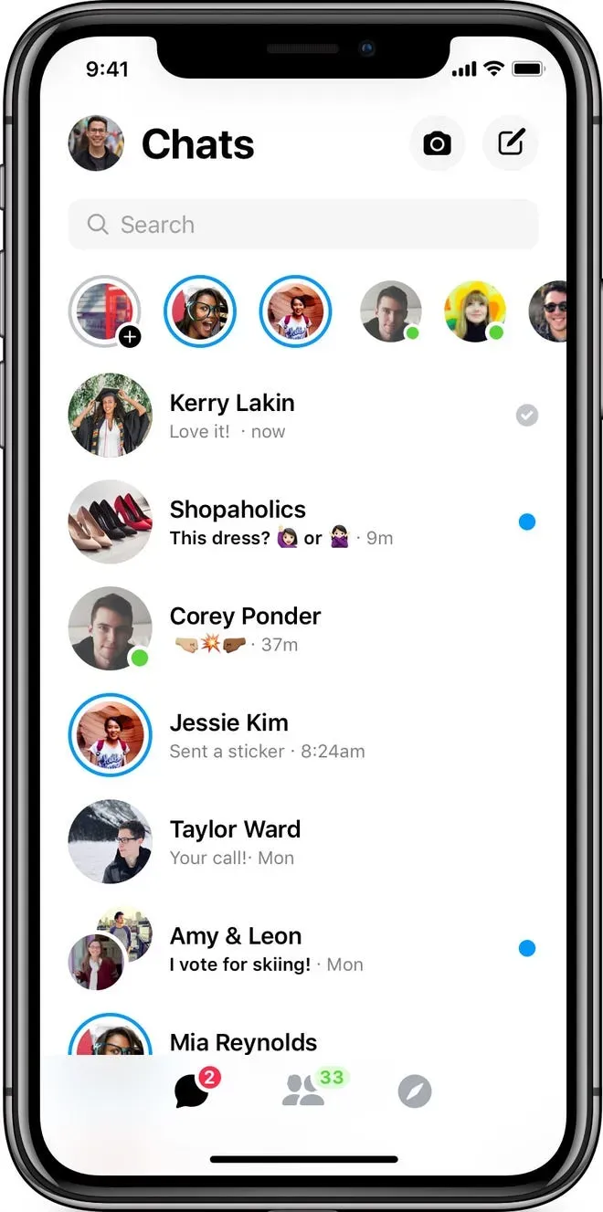 Facebook Messenger showing a chat interface with user messages, emojis, and conversation threads, illustrating the app's messaging features.