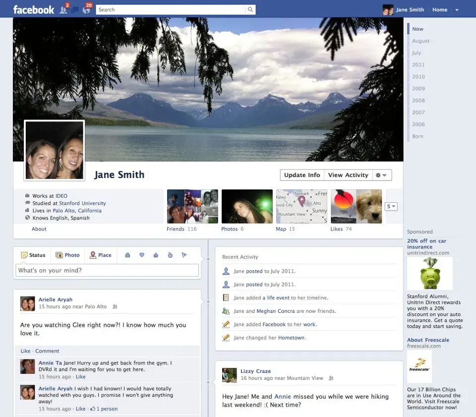 Screenshot of a Facebook timeline, showcasing a user's profile with various posts, shared content, and engagement features displayed in chronological order