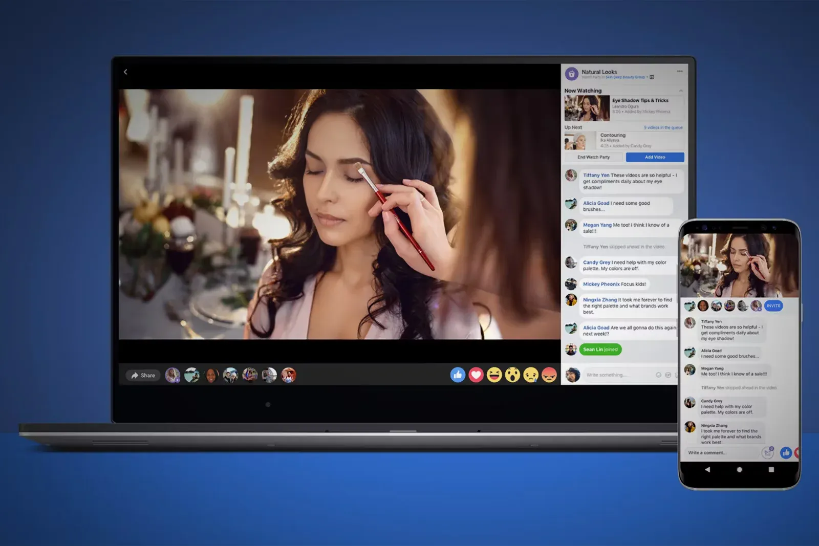 Comparison screenshot of Facebook Watch interface on desktop and mobile, showcasing the layout, video options, and user engagement features on both platforms