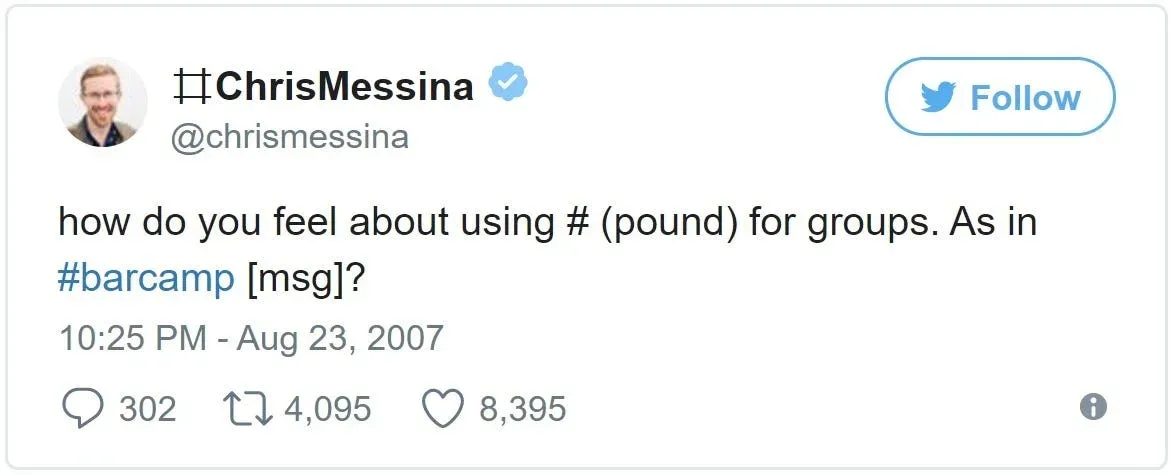 Image showcasing the first hashtag used by Chris Messina on Twitter in 2007, highlighting its role in categorizing groups and marking the beginning of hashtag usage on social media platforms