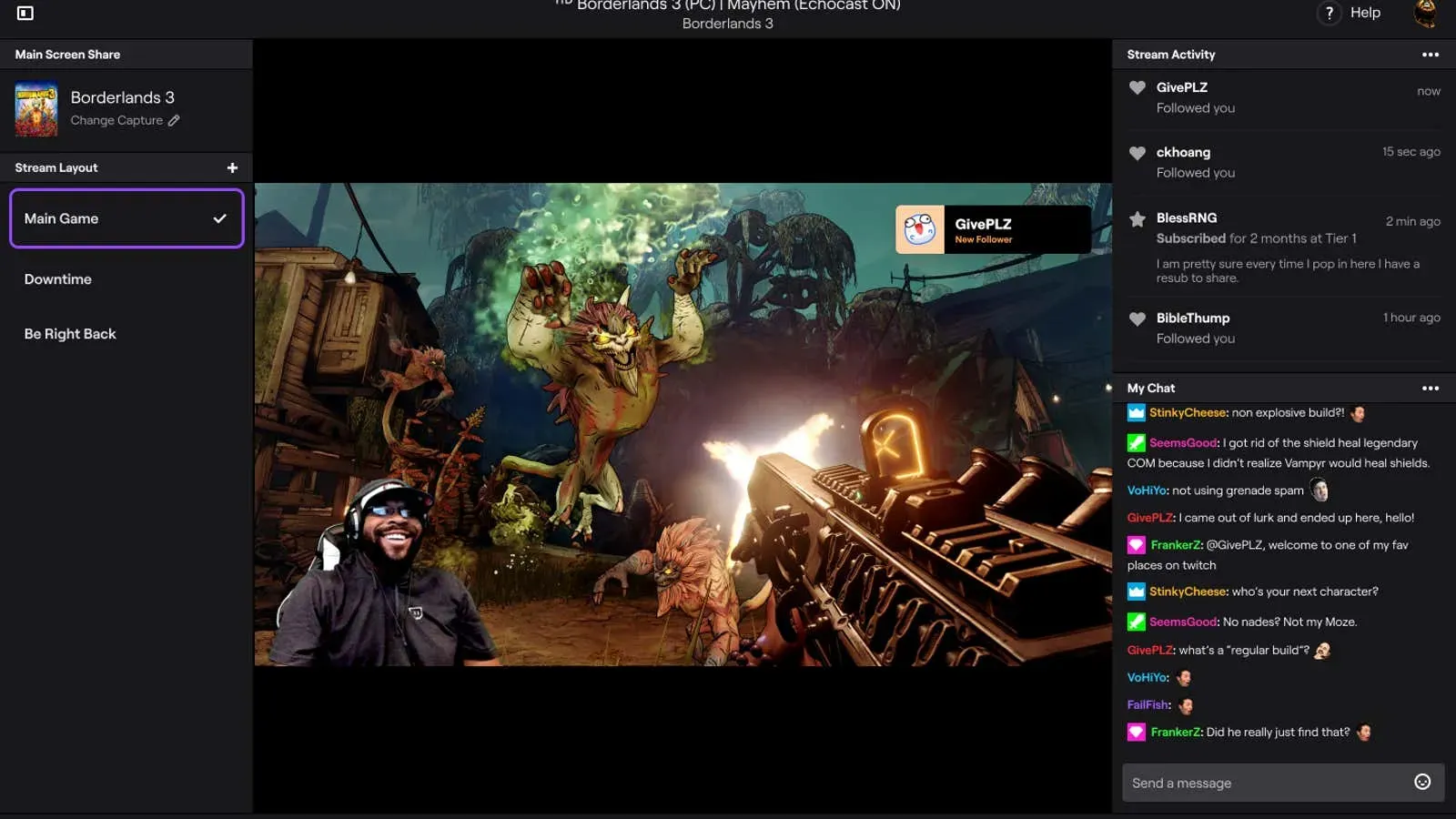 Screenshot of a gamer streaming live on Twitch, featuring an engaging gameplay session with a visible chat interaction from viewers