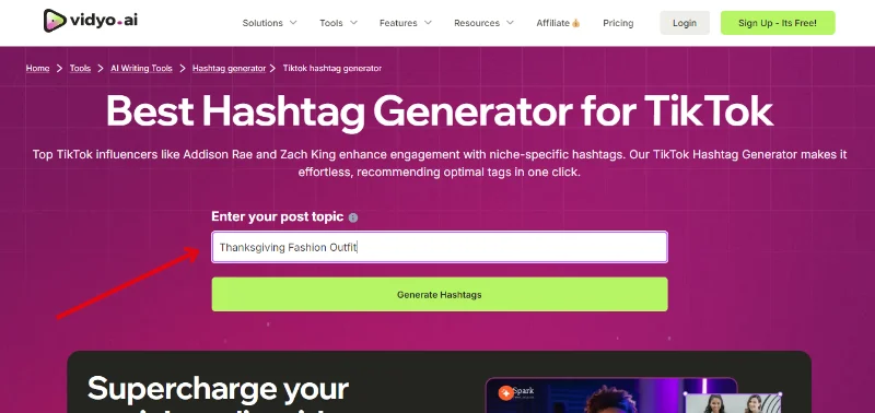 Hashtag generation tool with the phrase 'Thanksgiving Fashion Outfit' entered, ready to generate hashtags for a social media post, demonstrating AI-assisted hashtag creation