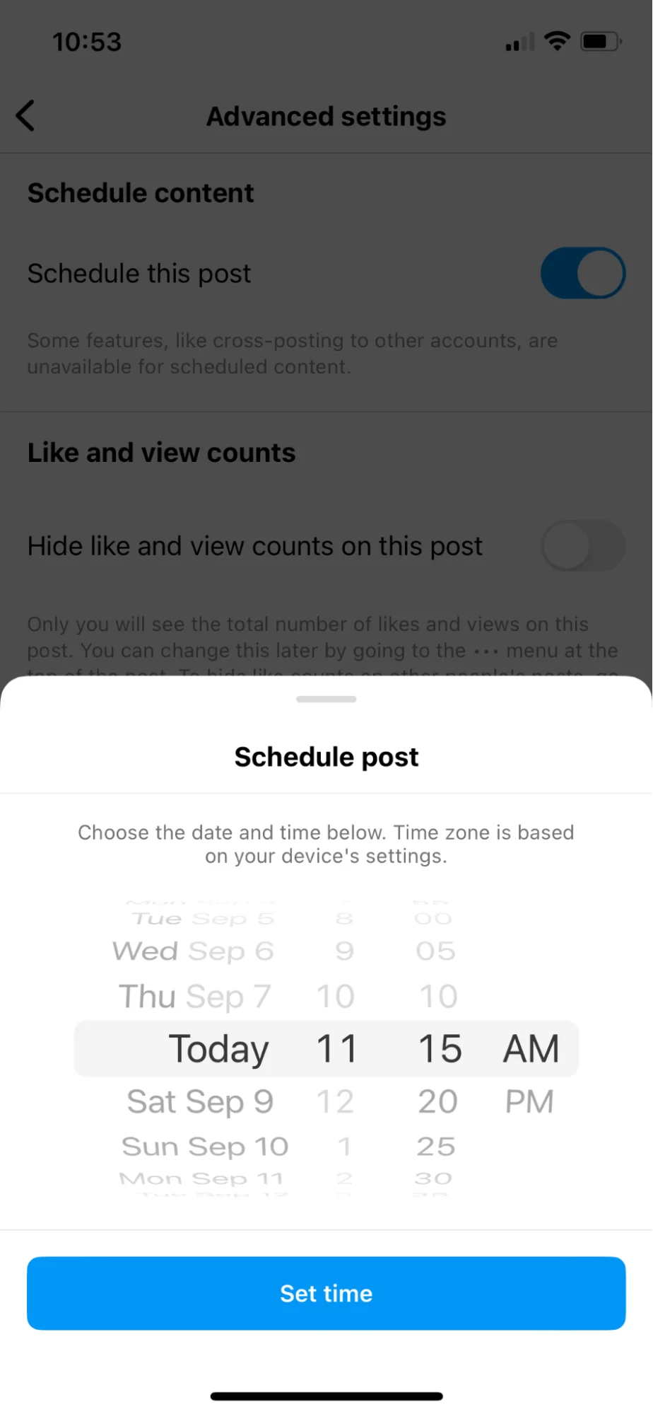 Instagram Schedule Add Time