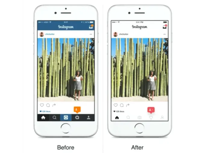 Instagram's 2016 GUI update, featuring a cleaner interface with a focus on a more vibrant color scheme and redesigned icons, highlighting the platform's shift towards visual storytelling