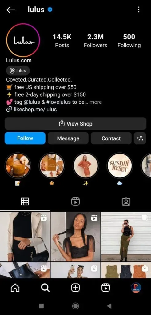 Screenshot of an Instagram profile highlighting the 'Link in Bio' section used for directing followers to external content