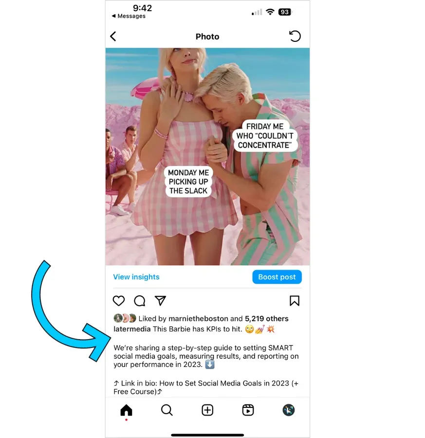 Screenshot showcasing an example caption on Instagram, illustrating how users engage with their audience through text and hashtags