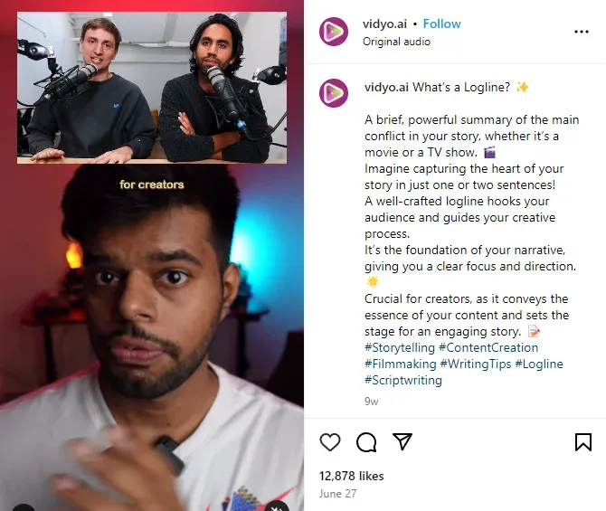 Screenshot from the Instagram profile @vidyo.ai, showcasing an example of user engagement through likes on a post, highlighting audience interaction