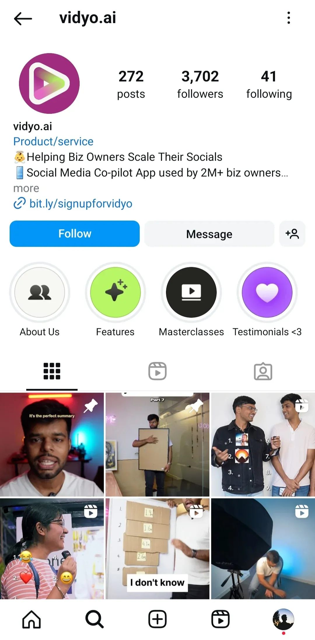 Screenshot of @vidyo.ai's Instagram profile showcasing vibrant Highlight Covers below the bio, designed to attract followers and categorize content effectively.