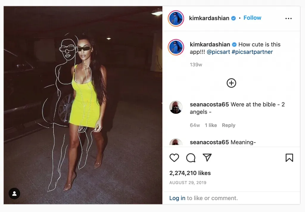 Instagram post by Kim Kardashian showcasing an edited photo using Picsart, demonstrating its effects while tagging the company to highlight the collaboration.