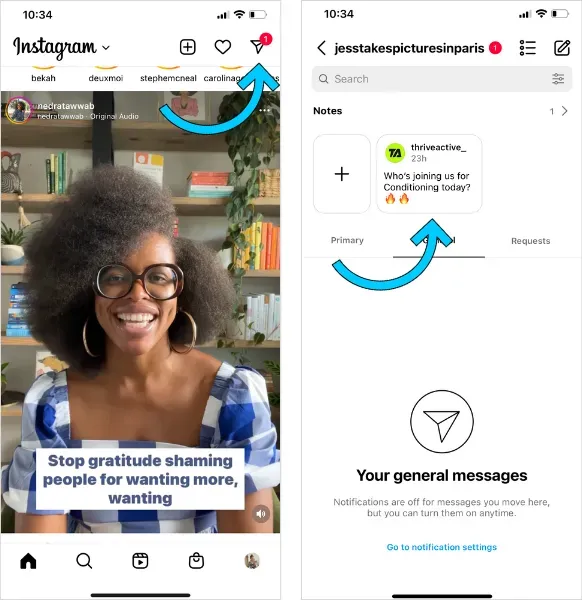 Instagram Notes feature displaying a user's notes with various personal thoughts and updates, highlighting the ephemeral nature of the content.