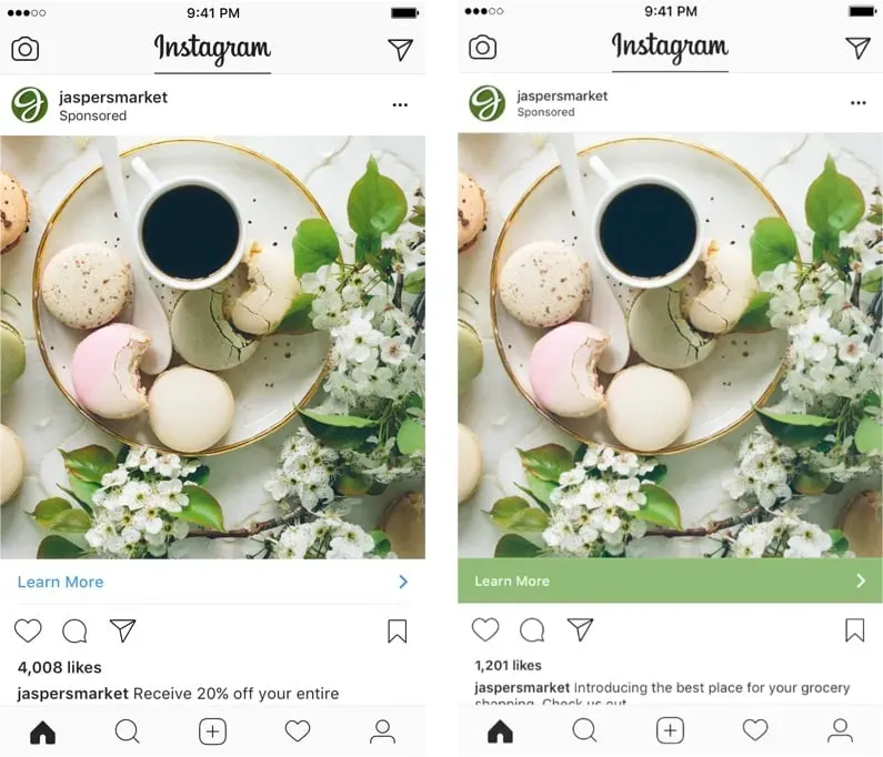 creenshot of an Instagram sponsored post featuring the call-to-action button: 'Learn More