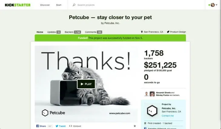 Screenshot of a successful Kickstarter campaign that raised over $250,000, showcasing the project details and funding progress