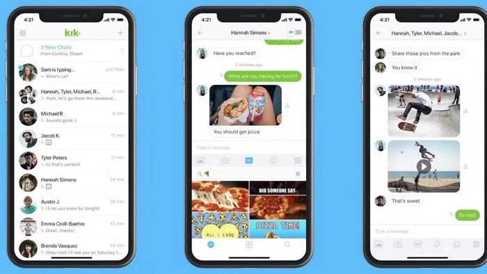 Kik social media mobile app interface, showcasing user chats, group conversations, and interactive features like stickers and GIFs