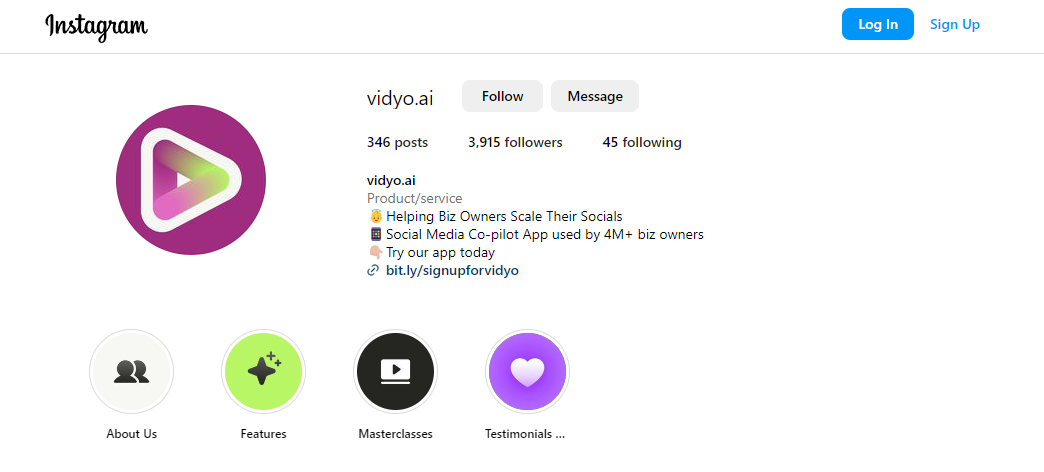 vidyo.ai's Instagram profile showcasing the 'Link in Bio' section, highlighting the clickable link directing followers to the website for video solutions and services.