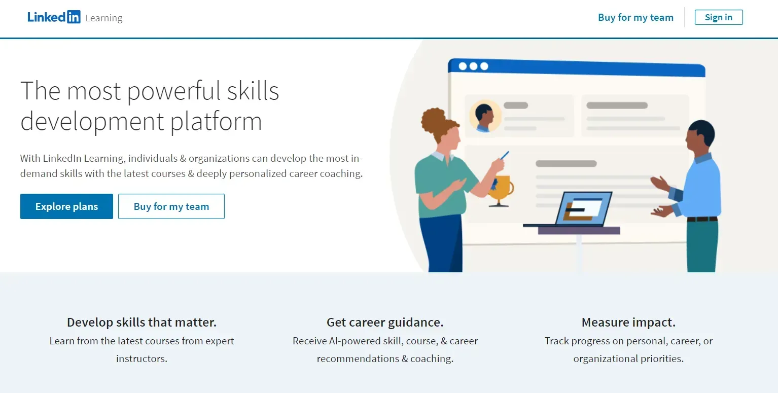 LinkedIn Learning official page, showcasing available training programs, career guidance options, and progress monitoring features for individual learners and teams.