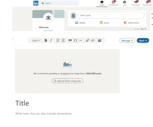 Preview screenshot of the LinkedIn Pulse section, showing the article title, text editor, and options for adding images, tags, and publishing settings