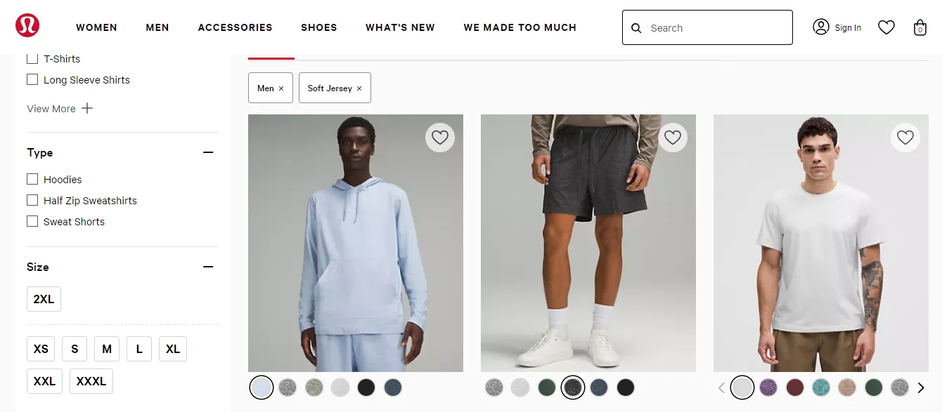 Lululemon's online shopping feature allowing customers to add items to their wishlist, helping them save products for later purchase and track availability.