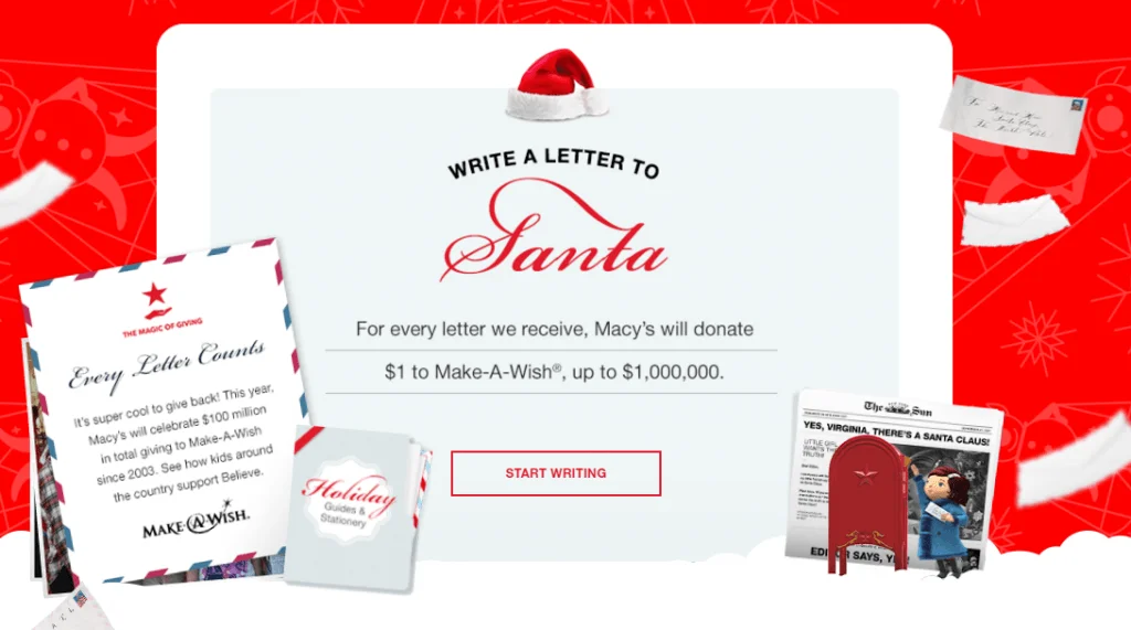 Macy's interactive 'Letters to Santa' campaign, blending holiday spirit with a charitable cause, where each letter sent leads to a $1 donation to the Make-A-Wish Foundation