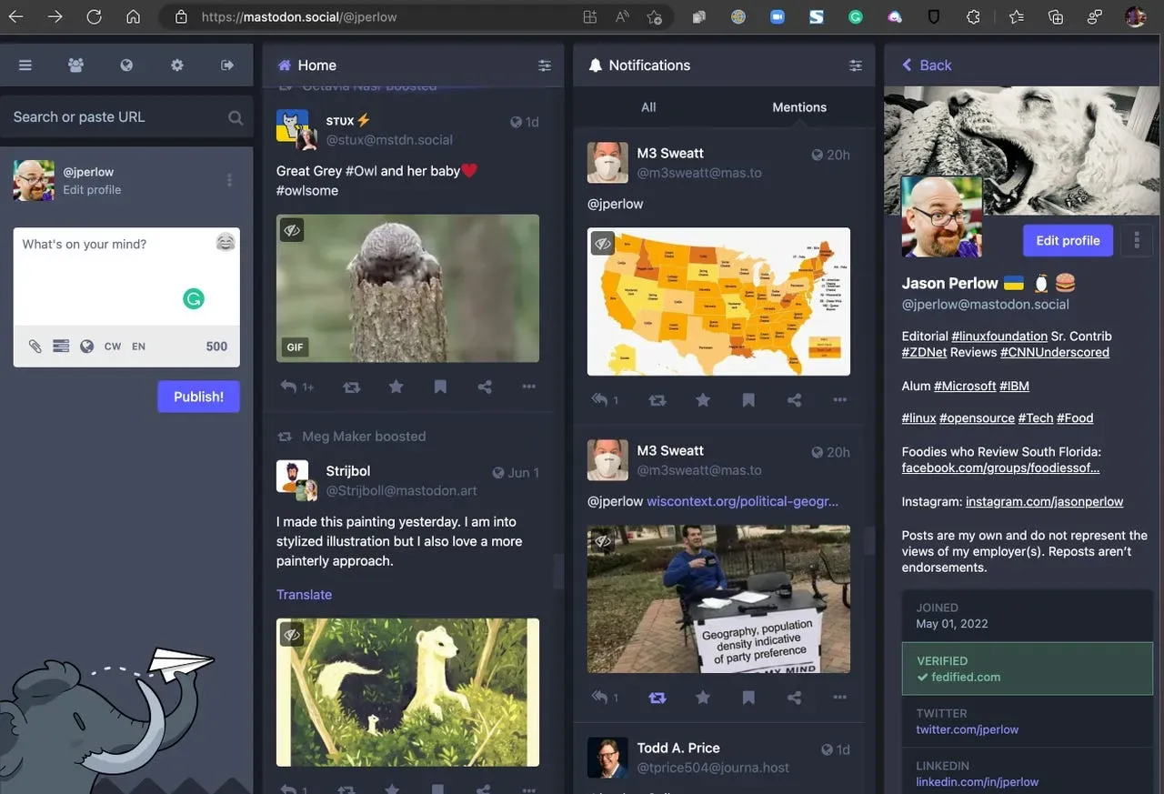 Screenshot of the Mastodon interface, showcasing its decentralized features and user-friendly design for social media interaction