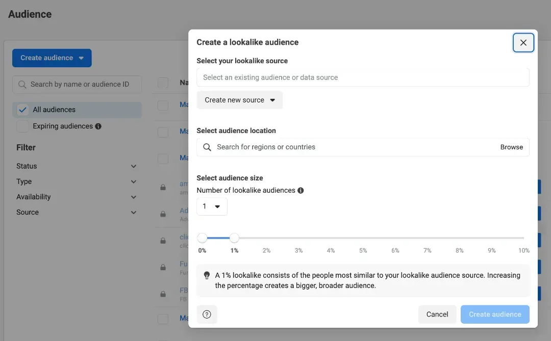 Screenshot of the Lookalike Audience option in Meta Ads Manager, highlighting features for creating targeted ad audiences based on existing customer data