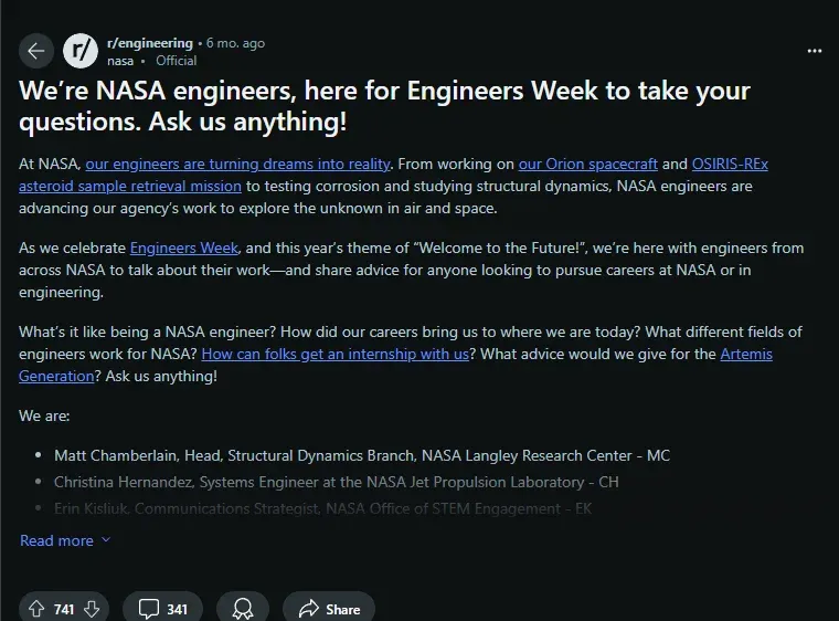 Screenshot of NASA's AMA on Reddit, featuring engineers and scientists answering questions about space missions and the International Space Station