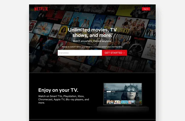 Netflix landing page featuring promotional content for new shows and movies, designed to attract users and encourage subscription sign-ups