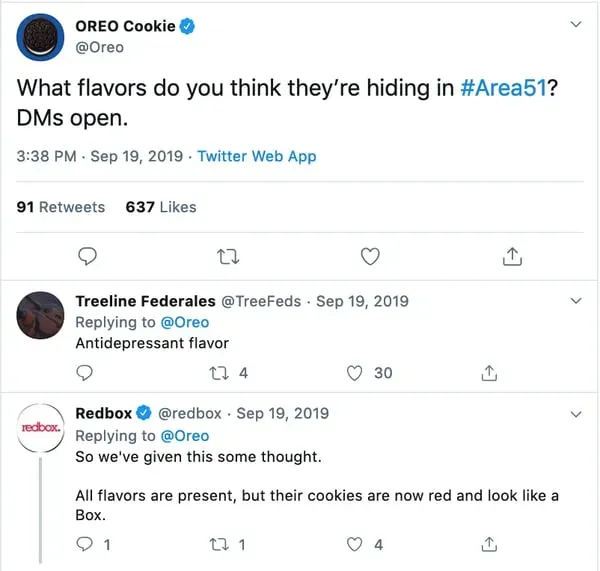 Oreo's tweet in response to the Area 51 raid meme, asking, 'What flavors do you think they're hiding in #Area51?' showcasing clever newsjacking that garnered significant engagement