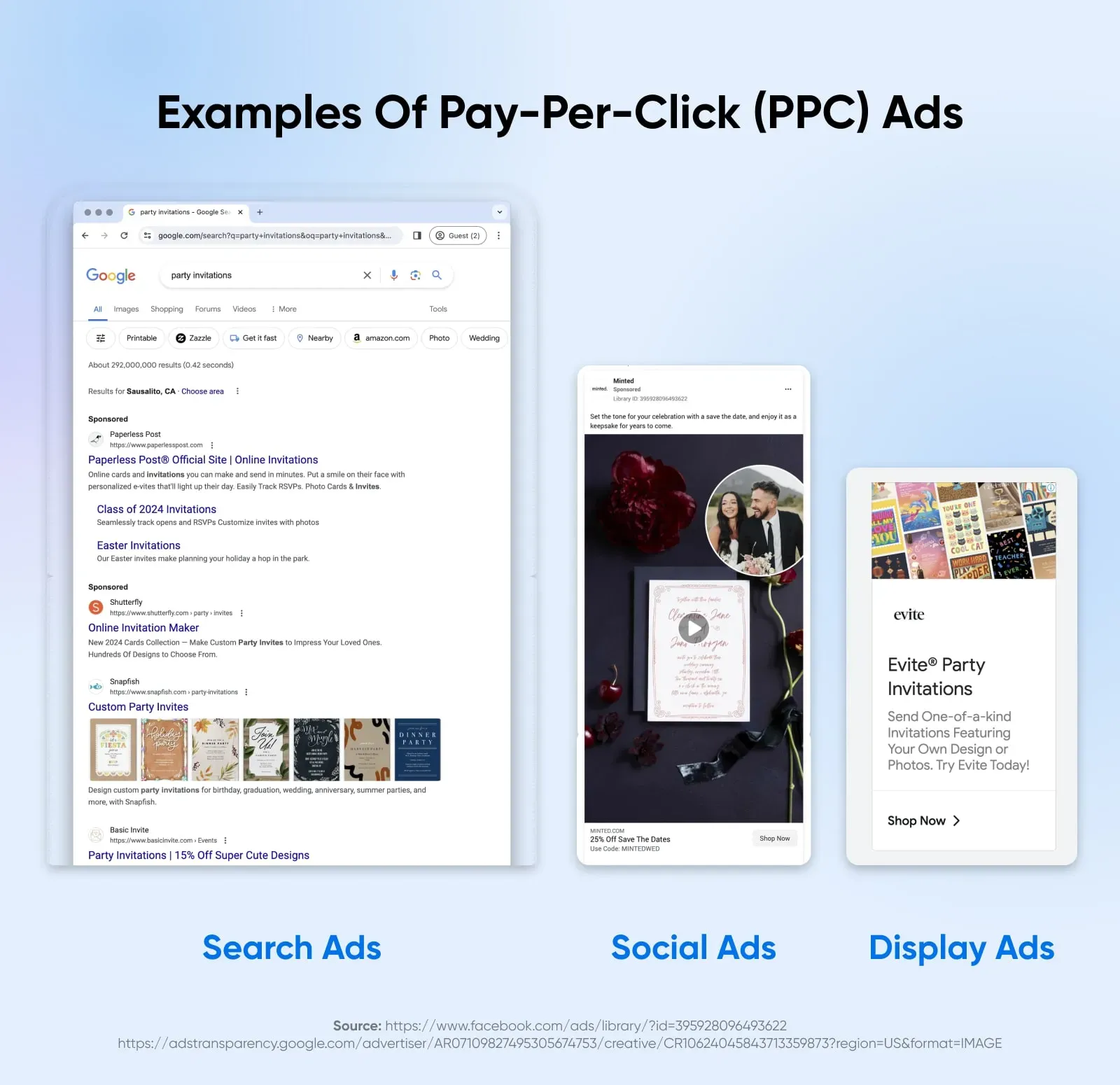 Collage of various PPC ads across different industries displayed on search engines, highlighting diverse ad formats and targeting strategies for effective online advertising