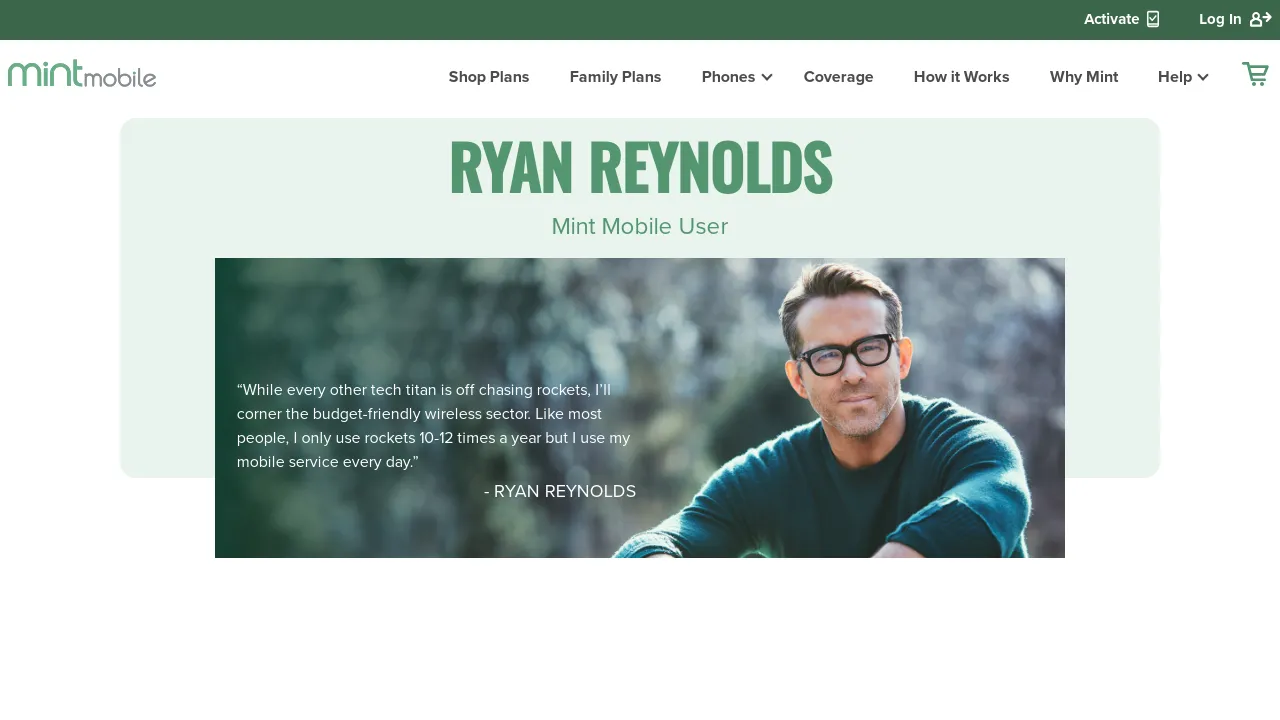 Screenshot of Ryan Reynolds endorsing Mint Mobile