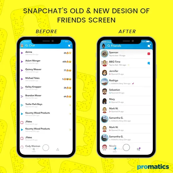 Snapchat's 2018 GUI update, displaying the redesigned interface with new navigation features, improved user experience elements, and streamlined access to Stories and chats