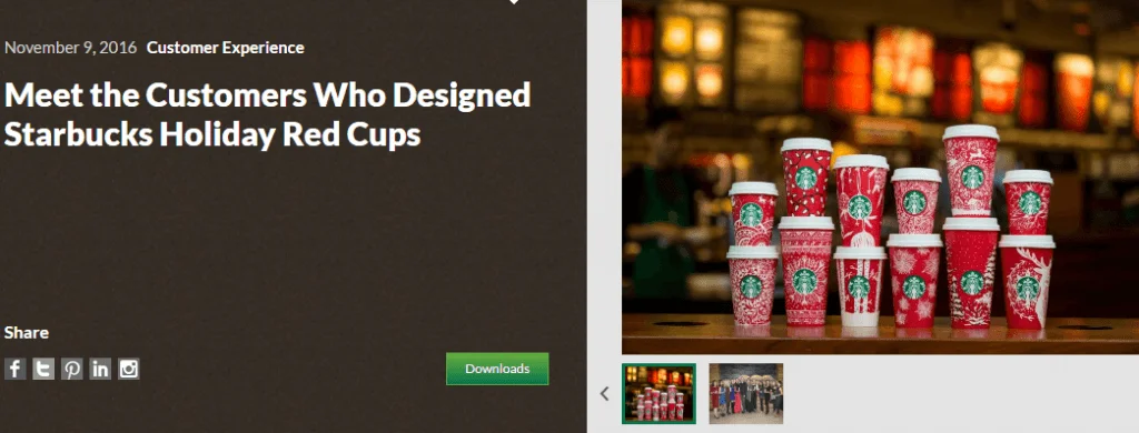 Starbucks' 2016 Red Cup Season UGC campaign, encouraging customers to share photos with festive red cups using #RedCupContest for a chance to win prizes