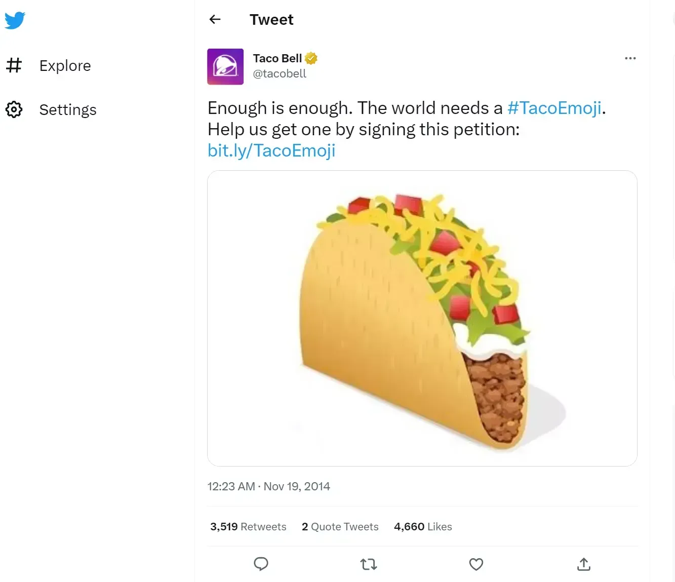 Screenshot of Taco Bell's Twitter campaign that successfully advocated for the creation of the taco emoji, showcasing user engagement and promotional efforts