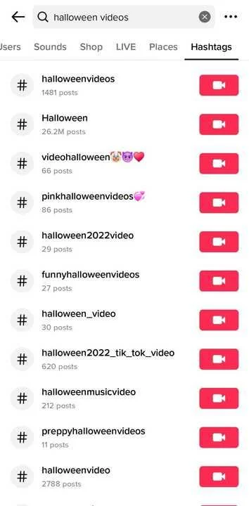 TikTok Hashtag tab displaying a list of trending hashtags related to the keyword, with post counts for each hashtag